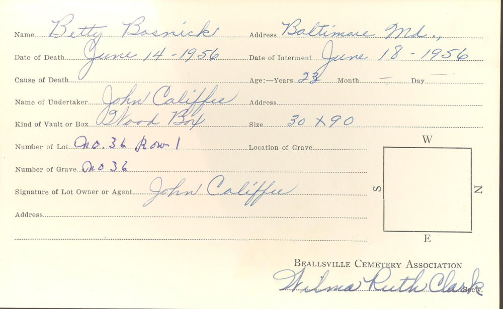 Betty Bosnick burial card